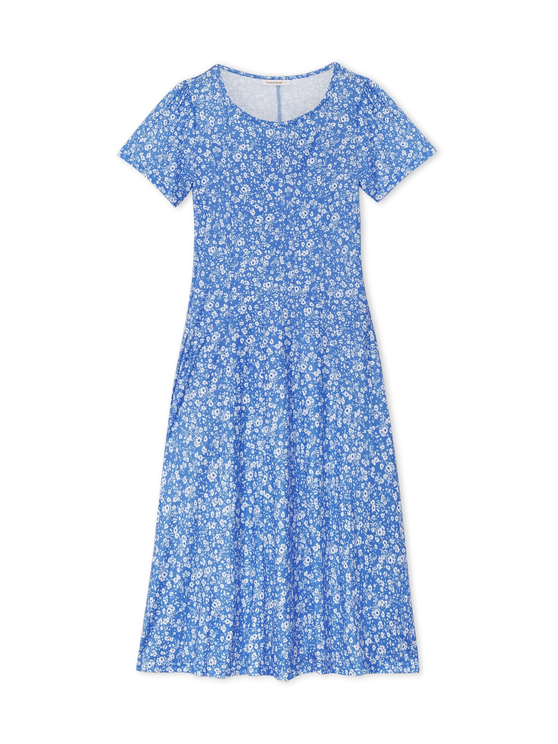Fantaslook Summer Dresses for Women Casual Short Sleeve Pleated Dress Flowy Floral Dress with Pockets Flare Midi Sundress