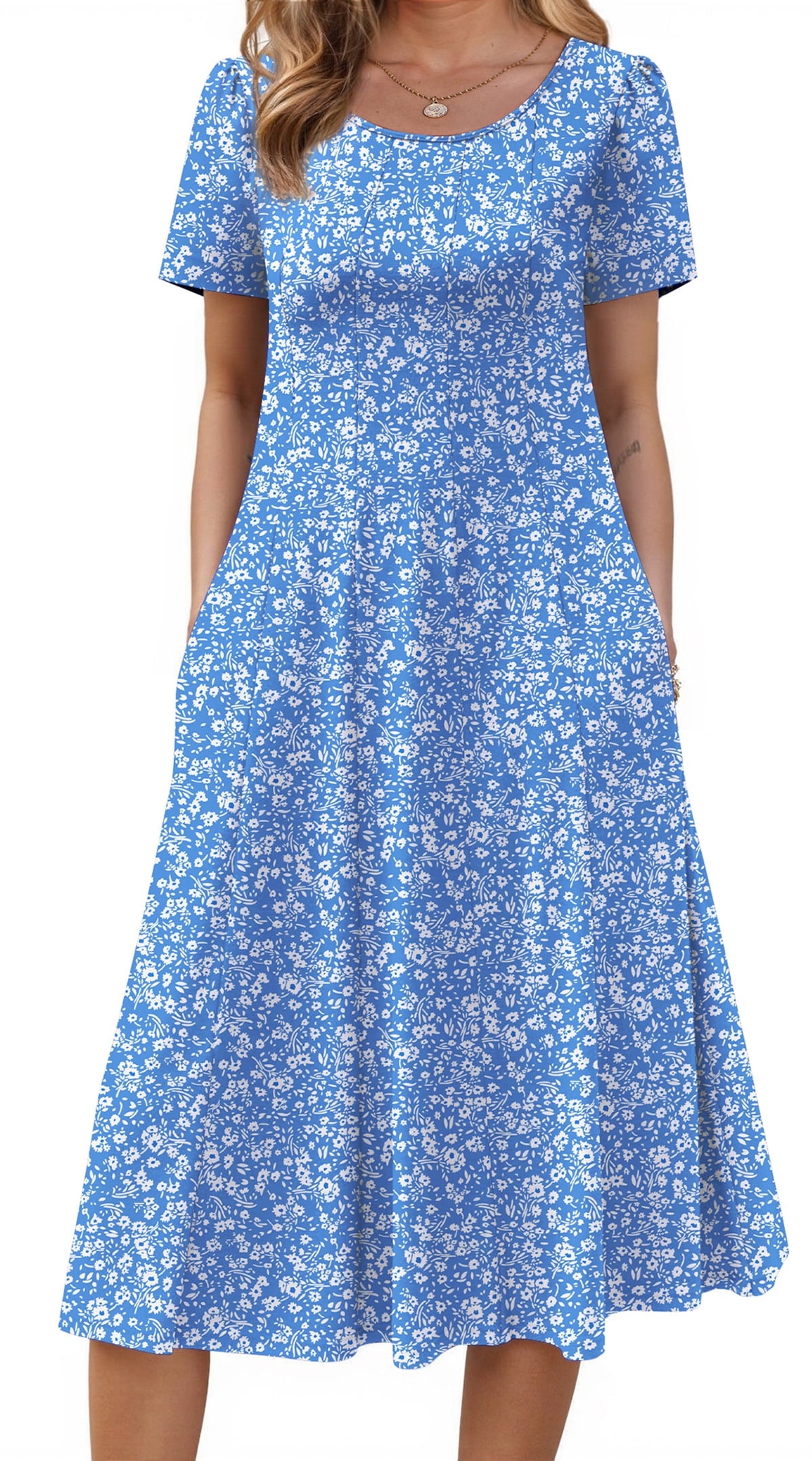 Fantaslook Summer Dresses for Women Casual Short Sleeve Pleated Dress Flowy Floral Dress with Pockets Flare Midi Sundress
