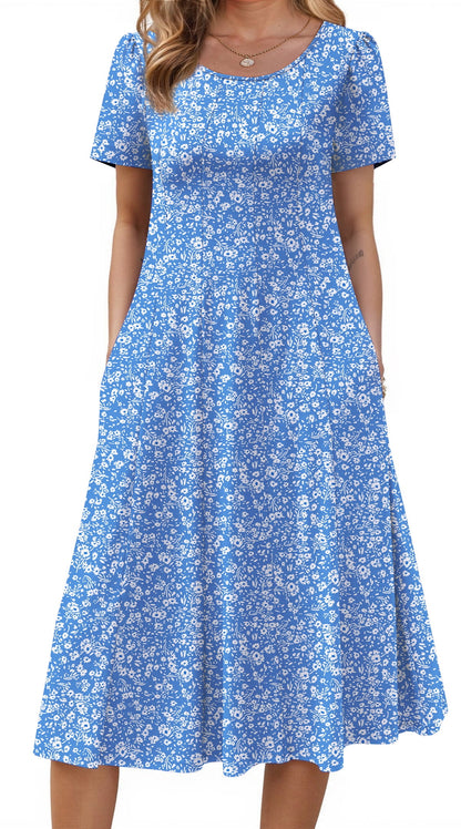 Fantaslook Summer Dresses for Women Casual Short Sleeve Pleated Dress Flowy Floral Dress with Pockets Flare Midi Sundress