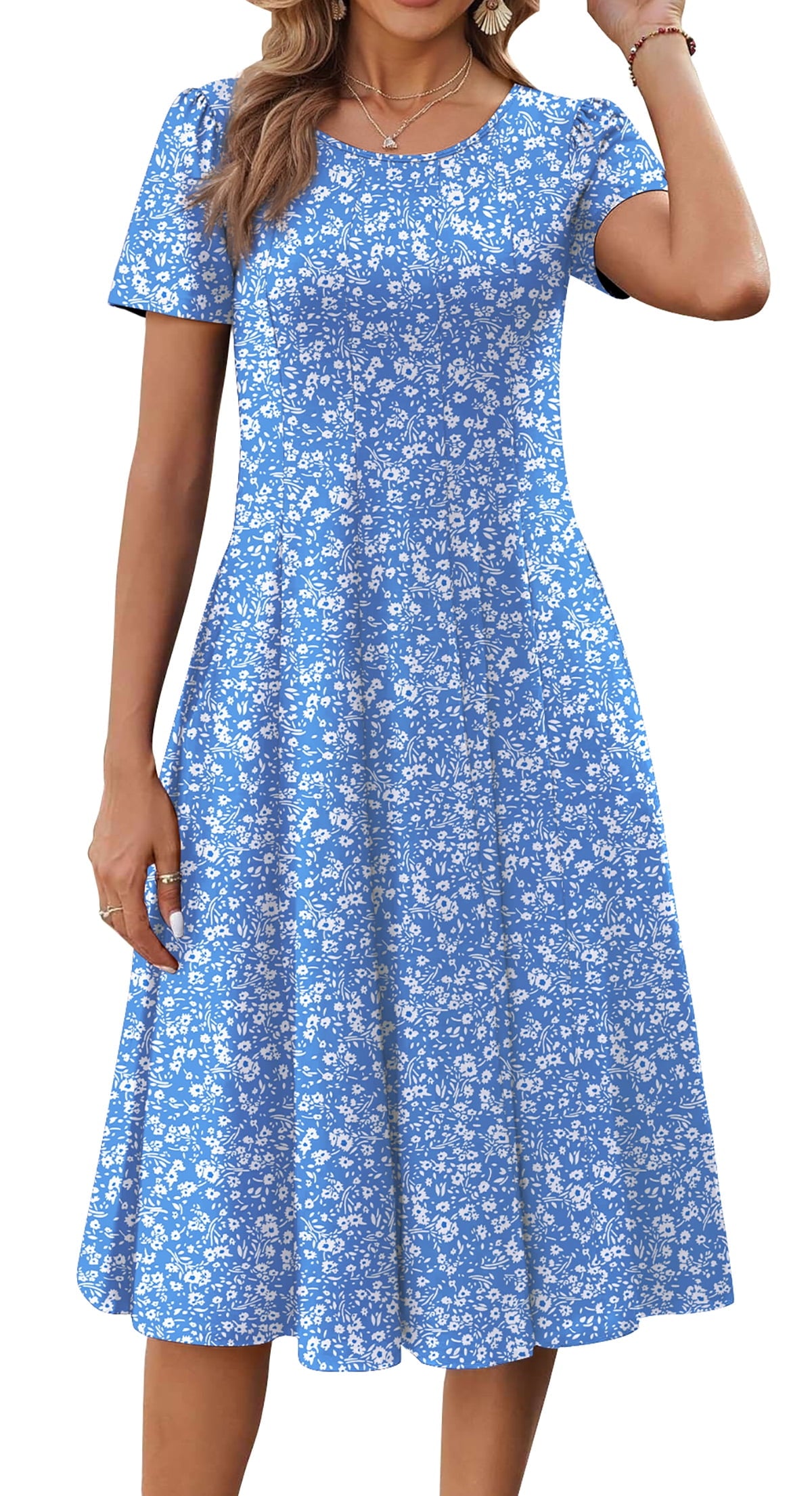 Fantaslook Summer Dresses for Women Casual Short Sleeve Pleated Dress Flowy Floral Dress with Pockets Flare Midi Sundress