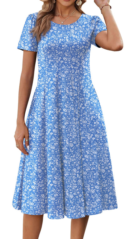 Fantaslook Summer Dresses for Women Casual Short Sleeve Pleated Dress Flowy Floral Dress with Pockets Flare Midi Sundress