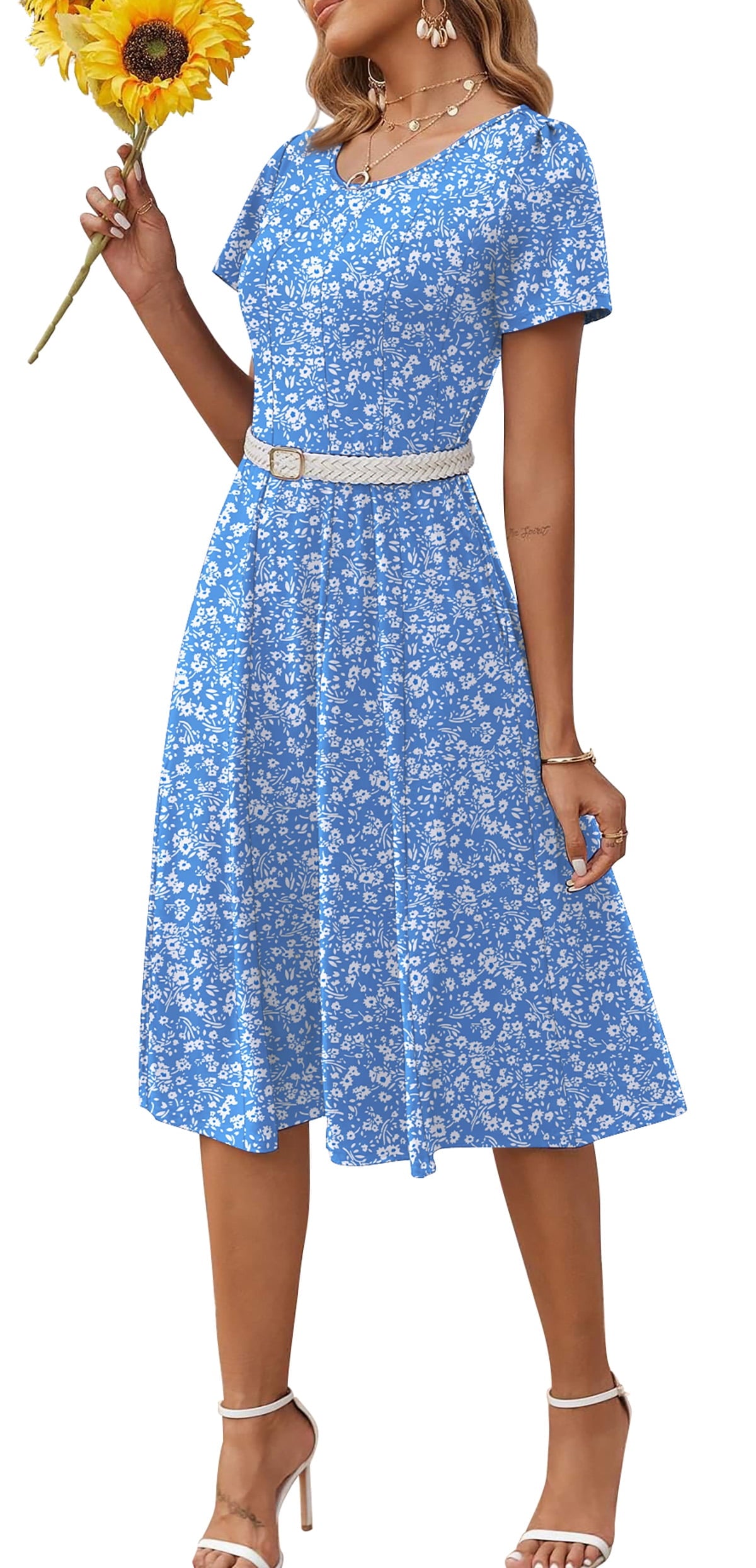 Fantaslook Summer Dresses for Women Casual Short Sleeve Pleated Dress Flowy Floral Dress with Pockets Flare Midi Sundress