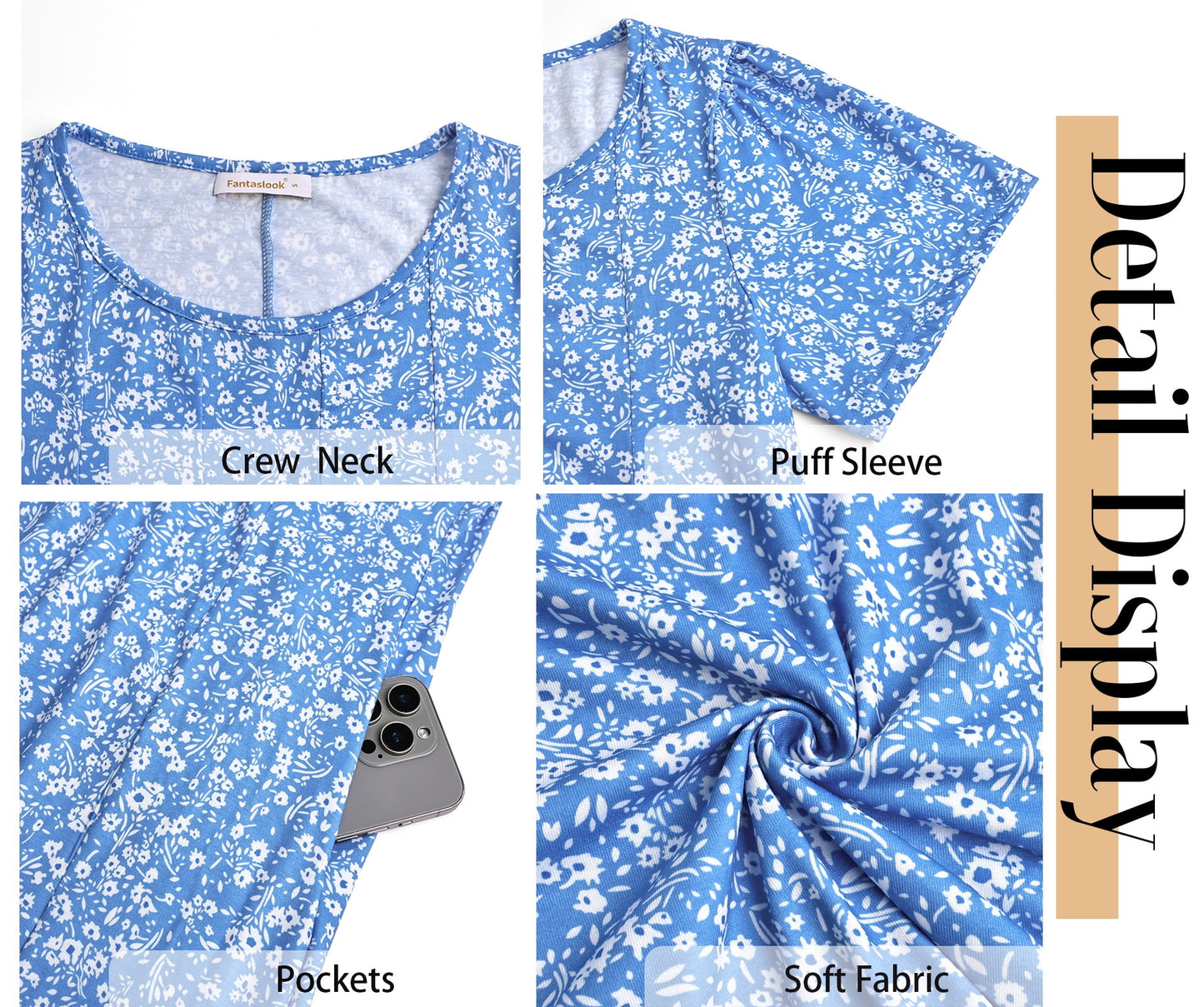 Fantaslook Summer Dresses for Women Casual Short Sleeve Pleated Dress Flowy Floral Dress with Pockets Flare Midi Sundress