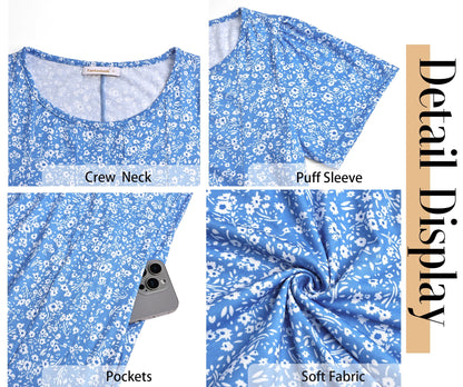 Fantaslook Summer Dresses for Women Casual Short Sleeve Pleated Dress Flowy Floral Dress with Pockets Flare Midi Sundress