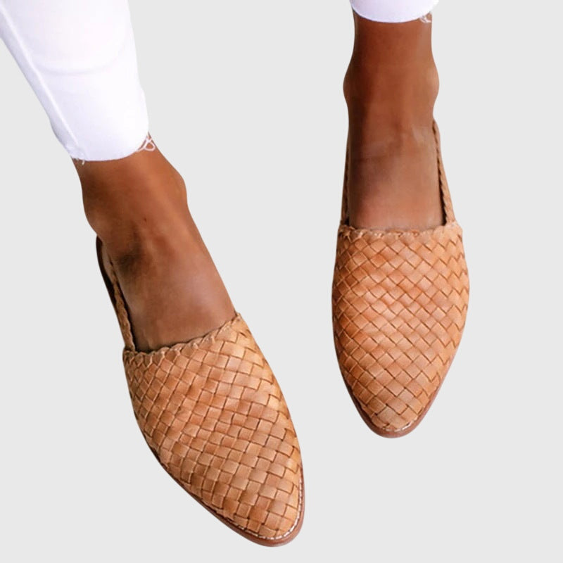 Light brown - Women's woven faux-leather slip-on flat loafers featuring an almond toe and textured upper design.