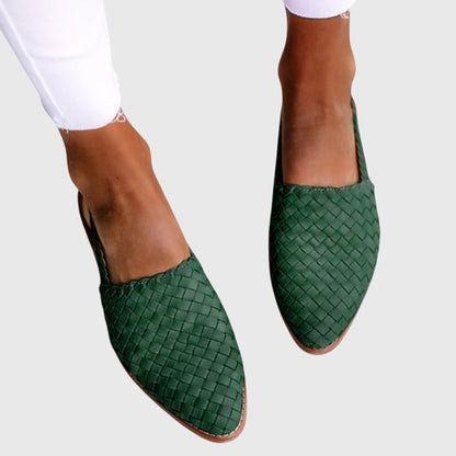 Green - Women's woven faux-leather slip-on flat loafers featuring an almond toe and textured upper design.