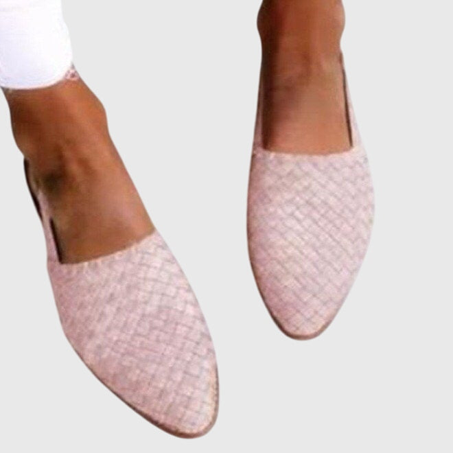 Light pink - Women's woven faux-leather slip-on flat loafers featuring an almond toe and textured upper design.