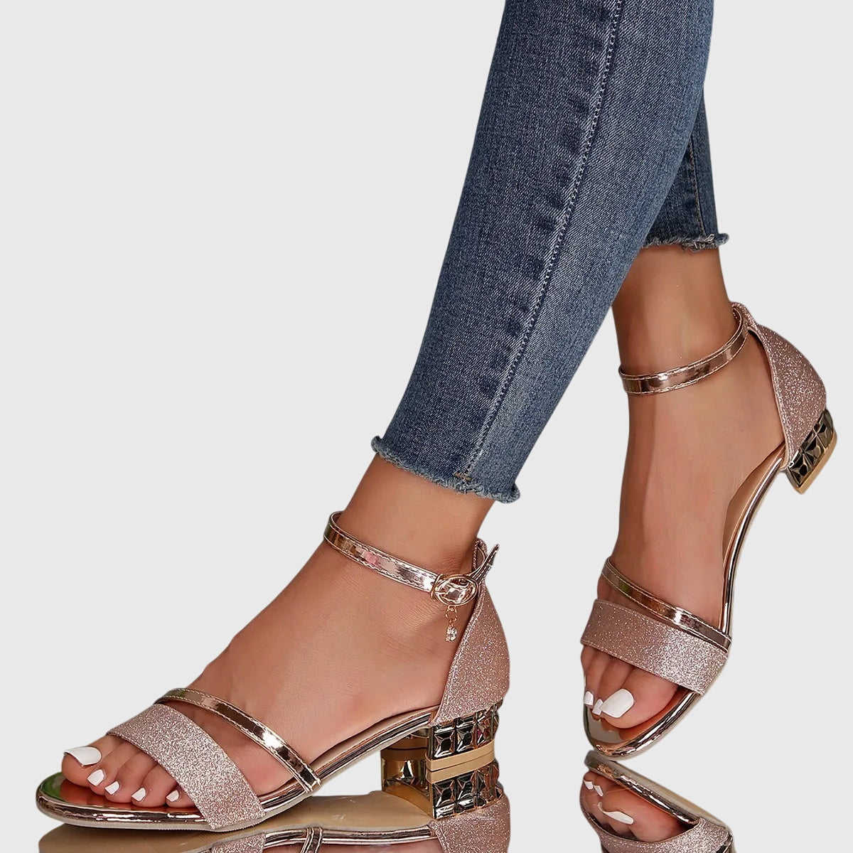 Rose gold (Almost sold out) - Women's open toe dress sandals featuring a textured front strap, adjustable ankle buckle, and a low architectural metallic block heel.