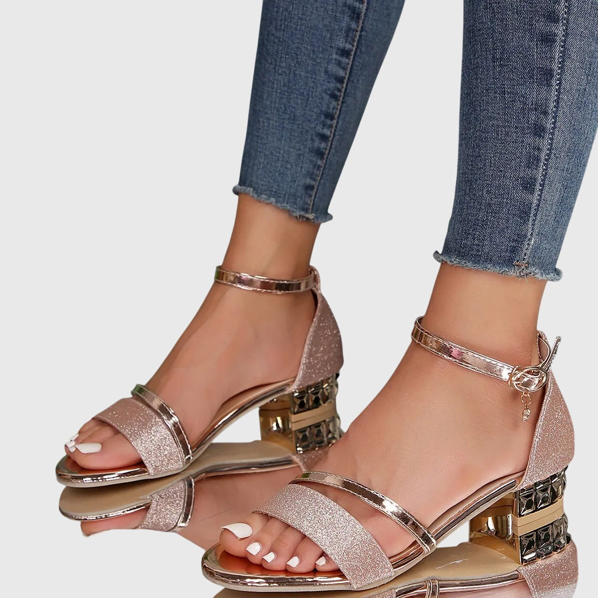 Rose gold (Almost sold out) - Women's open toe dress sandals featuring a textured front strap, adjustable ankle buckle, and a low architectural metallic block heel.