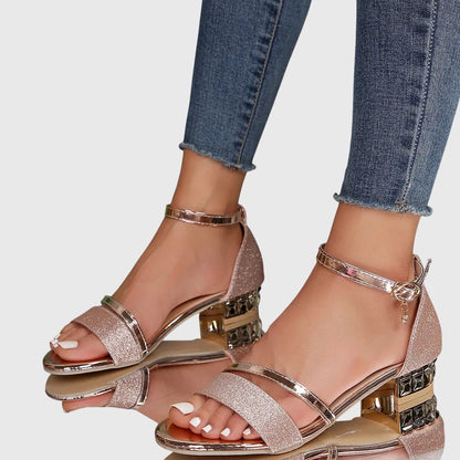Rose gold (Almost sold out) - Women's open toe dress sandals featuring a textured front strap, adjustable ankle buckle, and a low architectural metallic block heel.