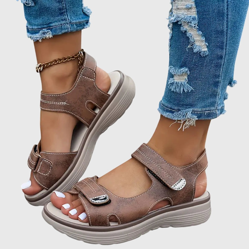 Sepia - Women's faux-leather platform sandals featuring dual hook-and-loop adjustable straps, contrast stitching details, and a thick shock-absorbing sole.