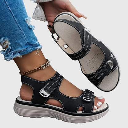 Black - Women's faux-leather platform sandals featuring dual hook-and-loop adjustable straps, contrast stitching details, and a thick shock-absorbing sole.