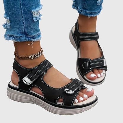 Black - Women's faux-leather platform sandals featuring dual hook-and-loop adjustable straps, contrast stitching details, and a thick shock-absorbing sole.