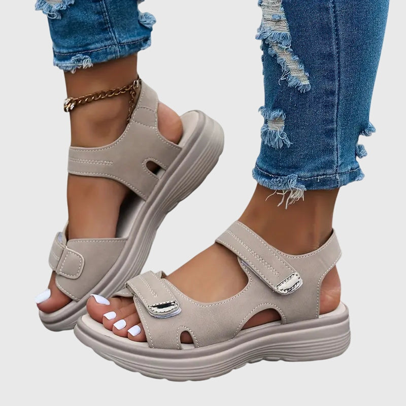 Khaki - Women's faux-leather platform sandals featuring dual hook-and-loop adjustable straps, contrast stitching details, and a thick shock-absorbing sole.