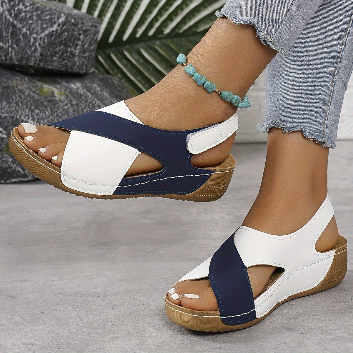 Blue (Almost Sold Out!) - Women's orthopedic wedge sandals featuring faux-leather upper, hook-and-loop closure, and contrast stitching.