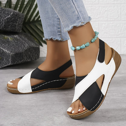 Black (Almost Sold Out!) - Women's orthopedic wedge sandals featuring faux-leather upper, hook-and-loop closure, and contrast stitching.