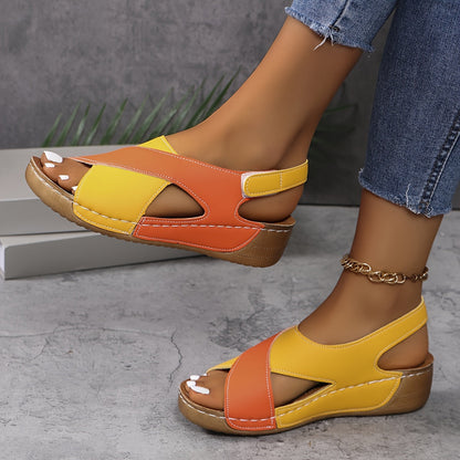 Orange - Women's orthopedic wedge sandals featuring faux-leather upper, hook-and-loop closure, and contrast stitching.
