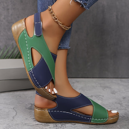 Green - Women's orthopedic wedge sandals featuring faux-leather upper, hook-and-loop closure, and contrast stitching.