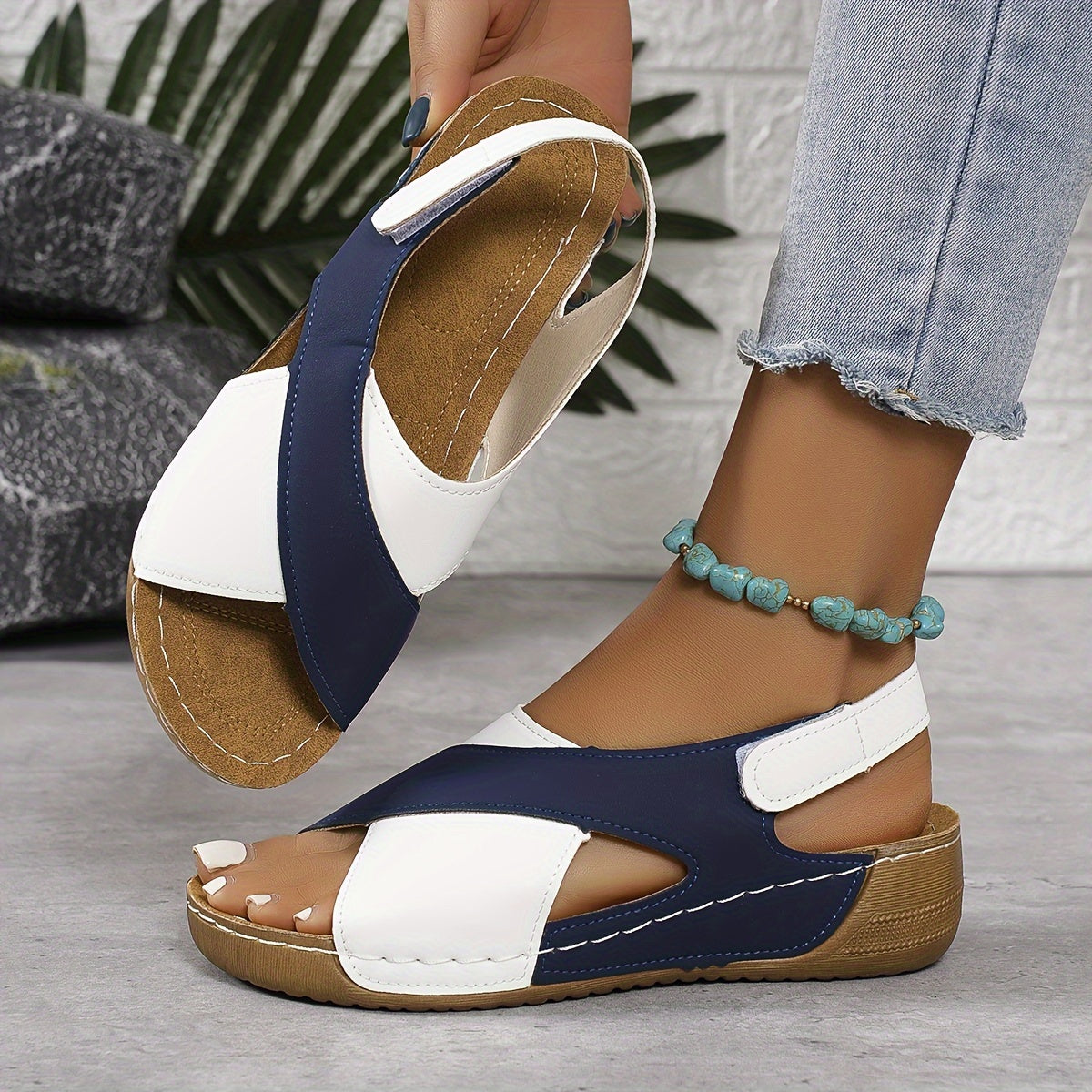 Green - Women's orthopedic wedge sandals featuring faux-leather upper, hook-and-loop closure, and contrast stitching.