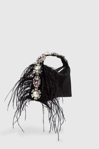 Black - Feather Diamante Satin Bento Bag-Sunfere