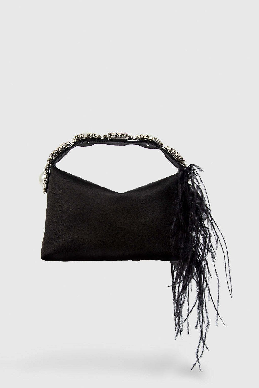 Black - Feather Diamante Satin Bento Bag-Sunfere