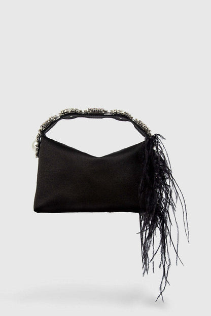 Black - Feather Diamante Satin Bento Bag-Sunfere