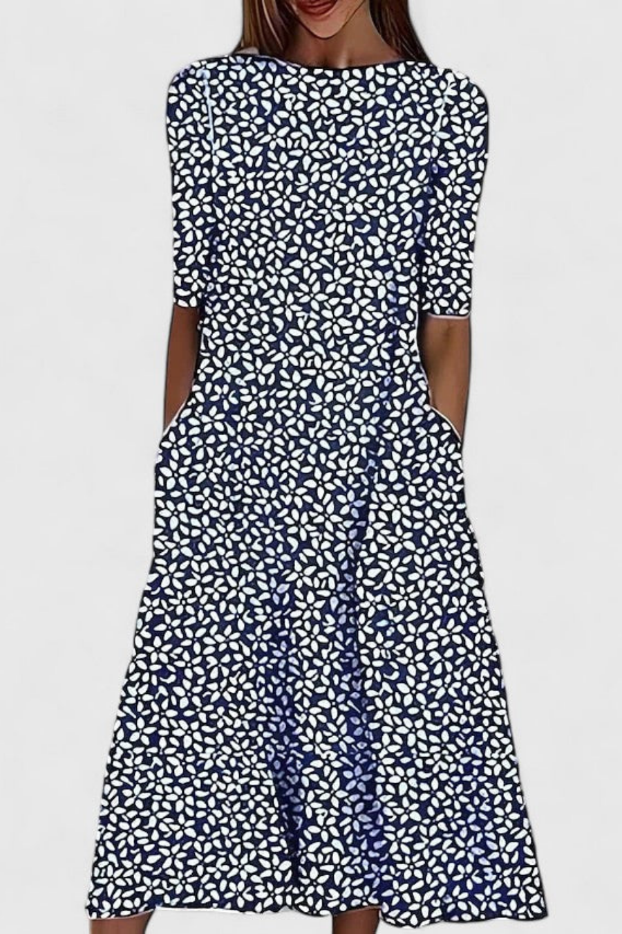 Dark Blue - A woman wearing a white midi-length A-line dress featuring a blue floral branch print, half sleeves, a boat neckline, and functional side pockets.
