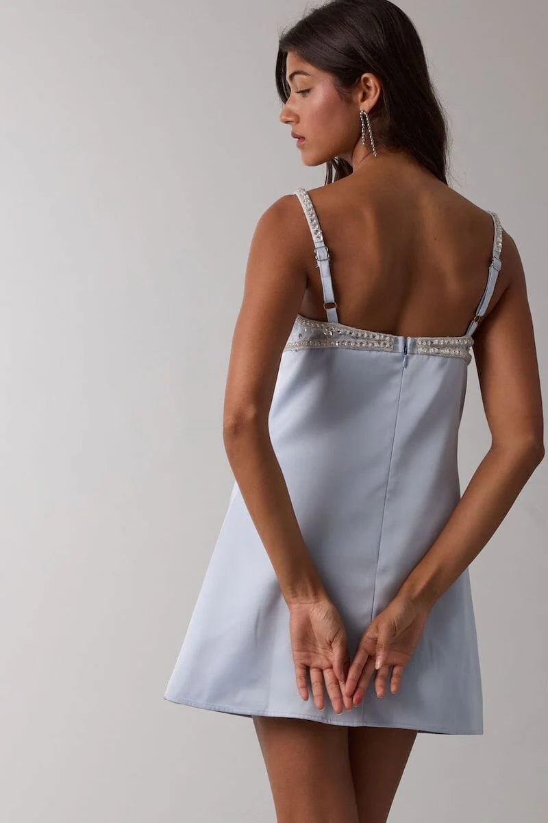 Blue - Women's evening mini dress featuring a sequin and pearl embellished bustier bodice, delicate straps, and a smooth A-line skirt.
