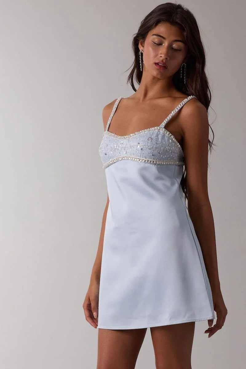 Blue - Women's evening mini dress featuring a sequin and pearl embellished bustier bodice, delicate straps, and a smooth A-line skirt.