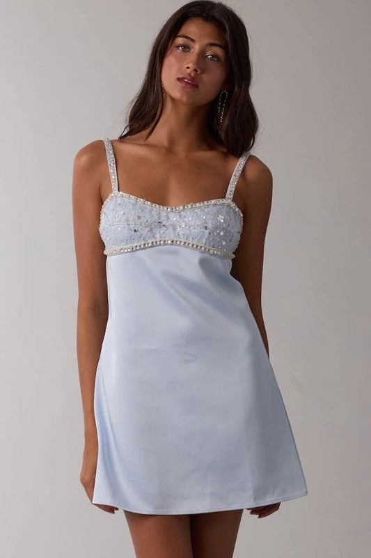 Blue - Women's evening mini dress featuring a sequin and pearl embellished bustier bodice, delicate straps, and a smooth A-line skirt.