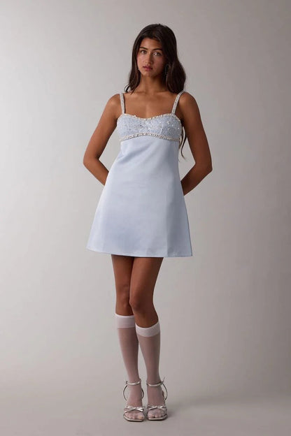 Blue - Women's evening mini dress featuring a sequin and pearl embellished bustier bodice, delicate straps, and a smooth A-line skirt.