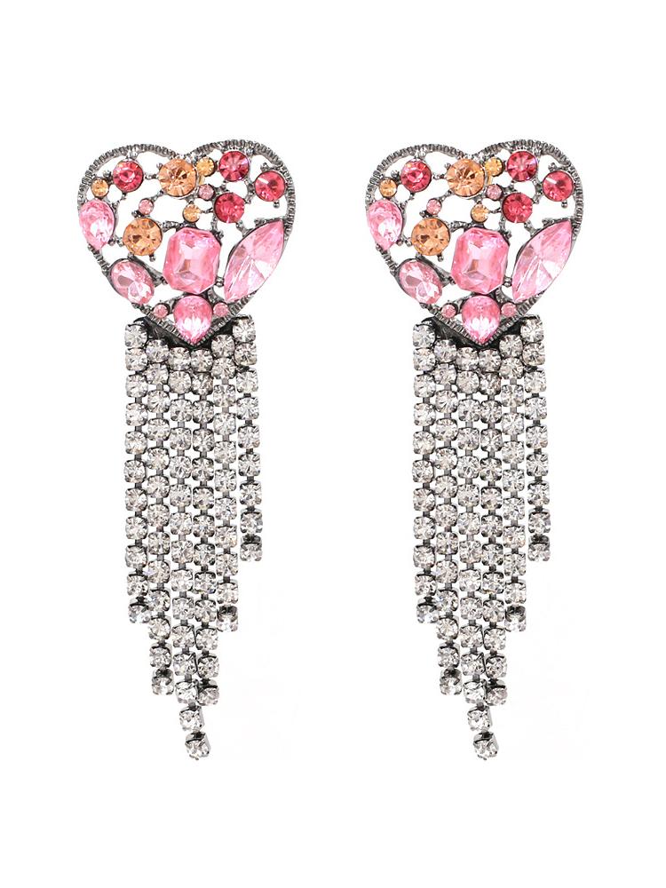 Pink - Women's statement drop earrings featuring a heart-shaped top filled with pink and peach faceted stones, finished with a cascading clear rhinestone fringe.