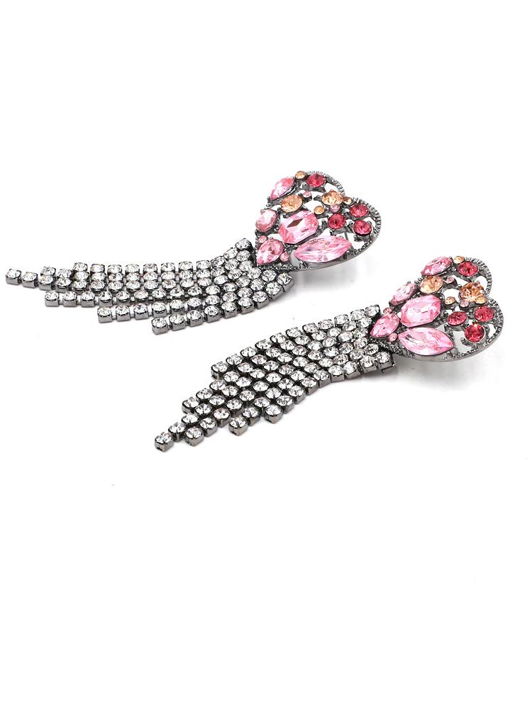 Pink - Women's statement drop earrings featuring a heart-shaped top filled with pink and peach faceted stones, finished with a cascading clear rhinestone fringe.