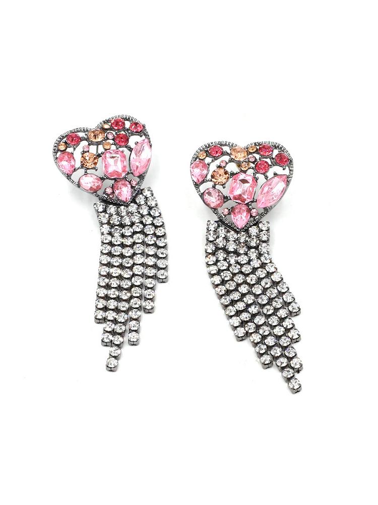 Pink - Women's statement drop earrings featuring a heart-shaped top filled with pink and peach faceted stones, finished with a cascading clear rhinestone fringe.