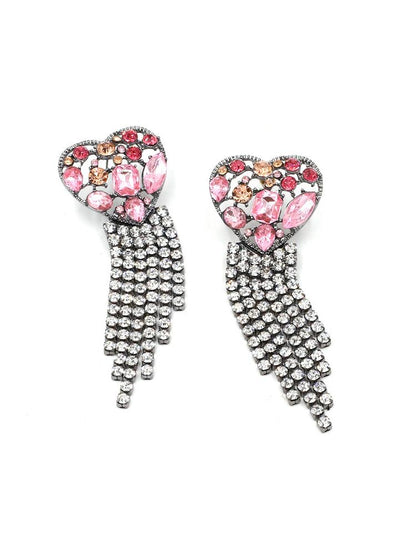 Pink - Women's statement drop earrings featuring a heart-shaped top filled with pink and peach faceted stones, finished with a cascading clear rhinestone fringe.