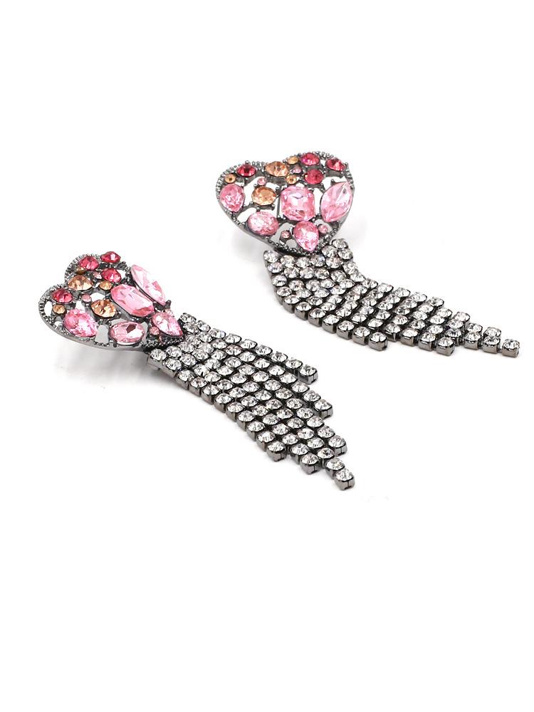 Pink - Women's statement drop earrings featuring a heart-shaped top filled with pink and peach faceted stones, finished with a cascading clear rhinestone fringe.