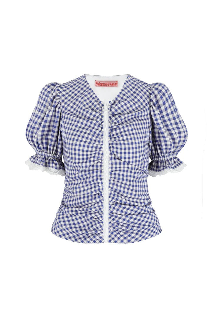 Blue - Women's retro-style gingham playsuit featuring a zip-front ruched bodice, short sleeves with lace trim, and a ruffled peplum over fitted shorts.