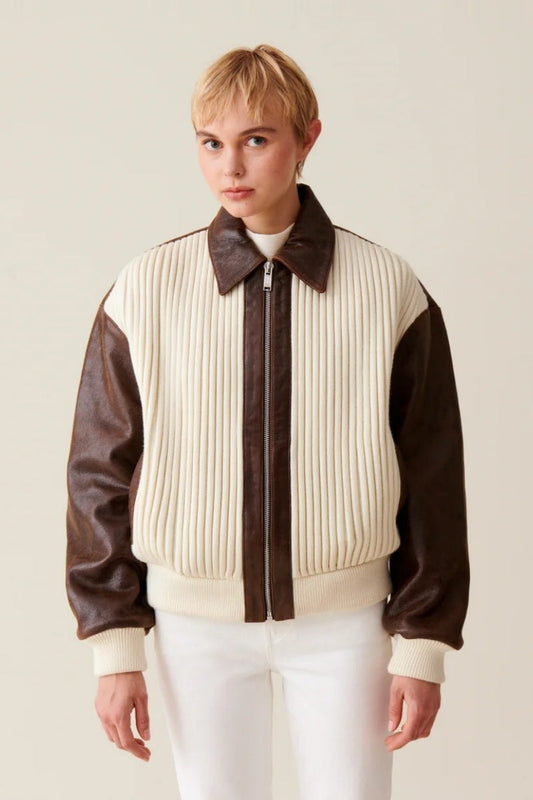 Knit-Paneled Leather Jacket