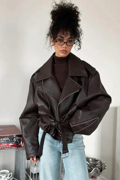 Solid Color Lapel Lace-Up Leather Jacket