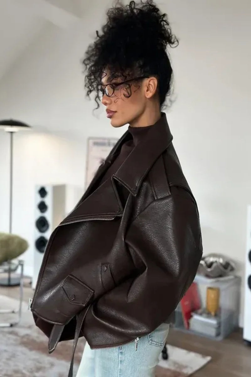 Solid Color Lapel Lace-Up Leather Jacket