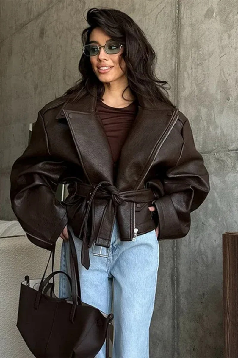 Solid Color Lapel Lace-Up Leather Jacket