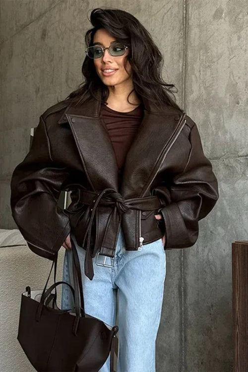 Solid Color Lapel Lace-Up Leather Jacket