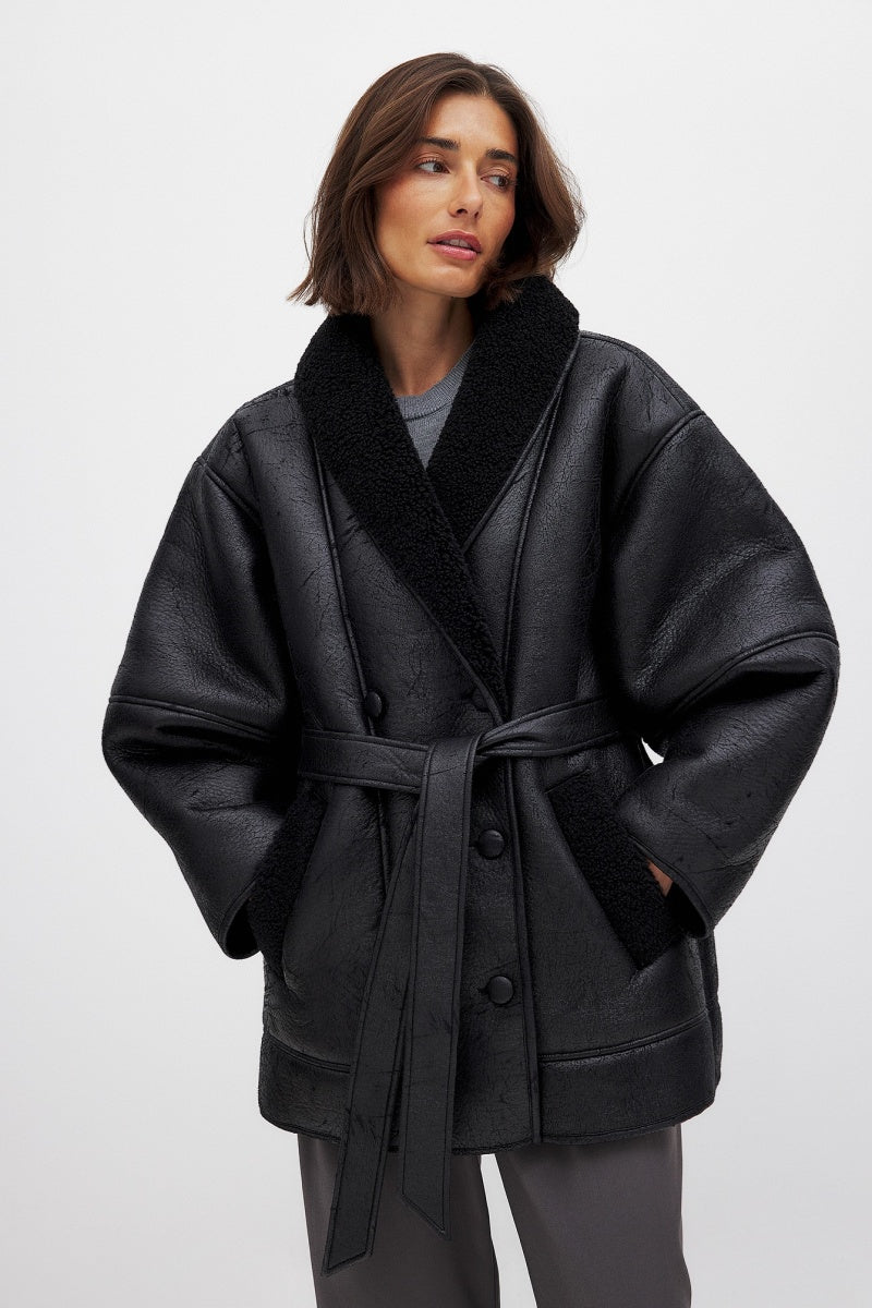 Belted Faux Sheepskin Jacket