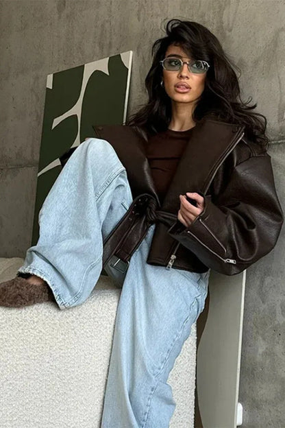 Solid Color Lapel Lace-Up Leather Jacket