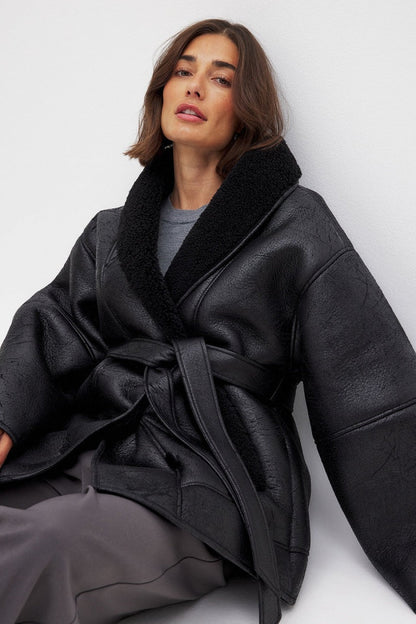 Belted Faux Sheepskin Jacket