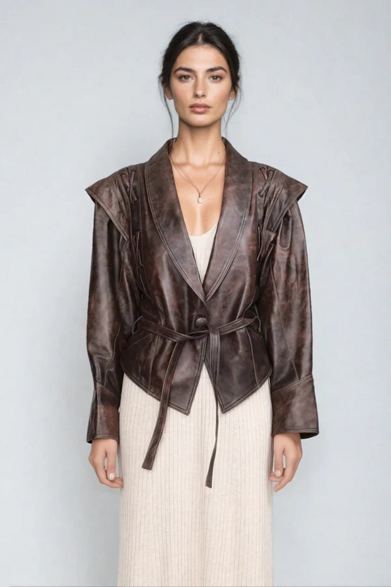 Elegant Peter Pan Collar Waist Faux Leather Jacket