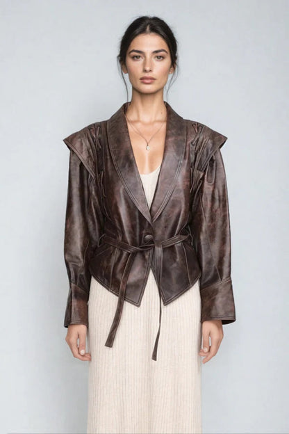 Elegant Peter Pan Collar Waist Faux Leather Jacket