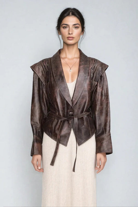 Elegant Peter Pan Collar Waist Faux Leather Jacket