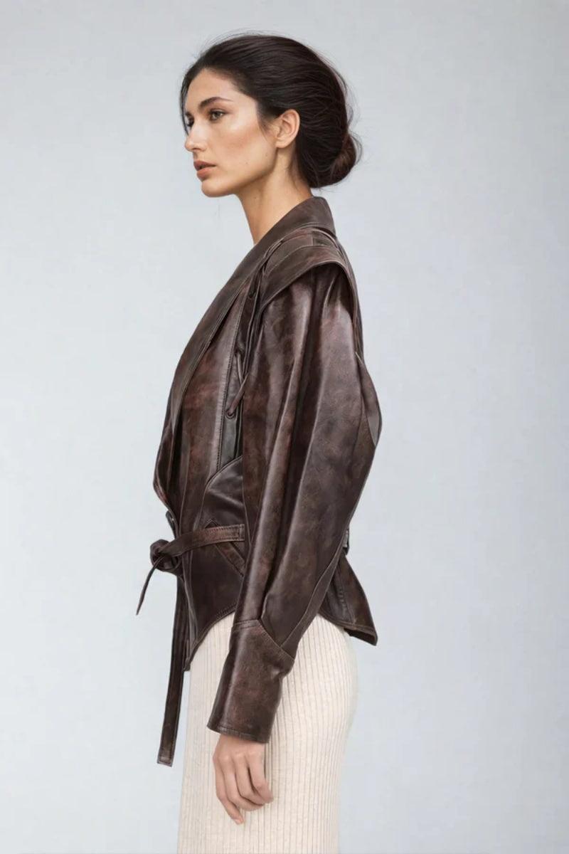 Elegant Peter Pan Collar Waist Faux Leather Jacket