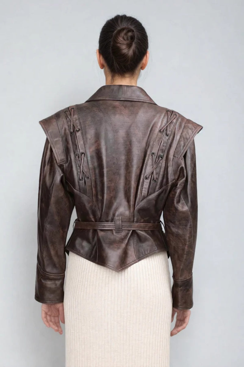 Elegant Peter Pan Collar Waist Faux Leather Jacket